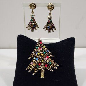 VTG Hollycraft Multicolored Rhinestone Xmas Tree Brooch & Clip Dangle Earrings